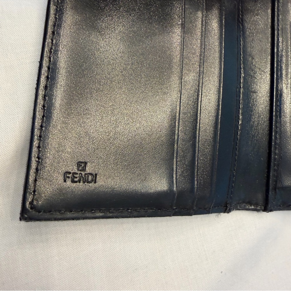 Fendi Zucca FF Logo Trifold Wallet Black Canvas Leather Metal Buckle - Picture 6 of 9